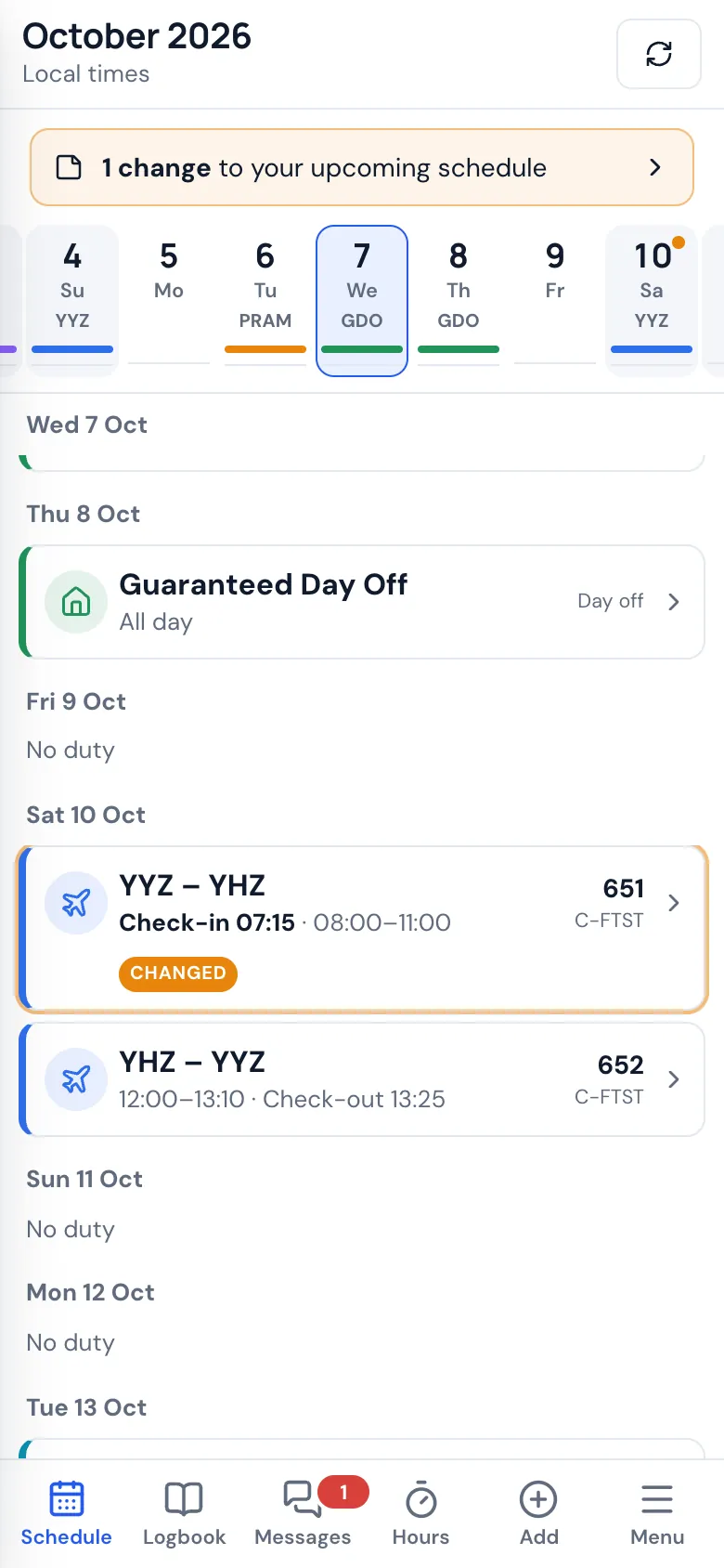 Schedule changes on a phone: a flight whose check-in moved 30 minutes earlier
