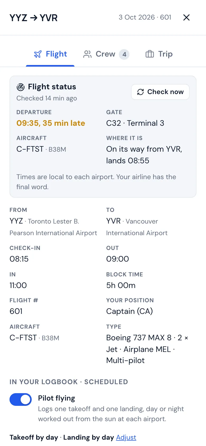 A flight on a phone showing it is 35 minutes late, the gate, and where the aircraft is