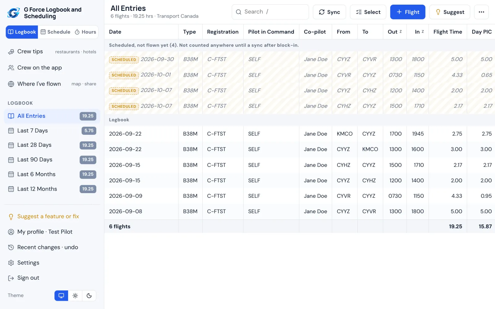 The logbook on a computer: a table of flights with dates, aircraft, route, times and totals