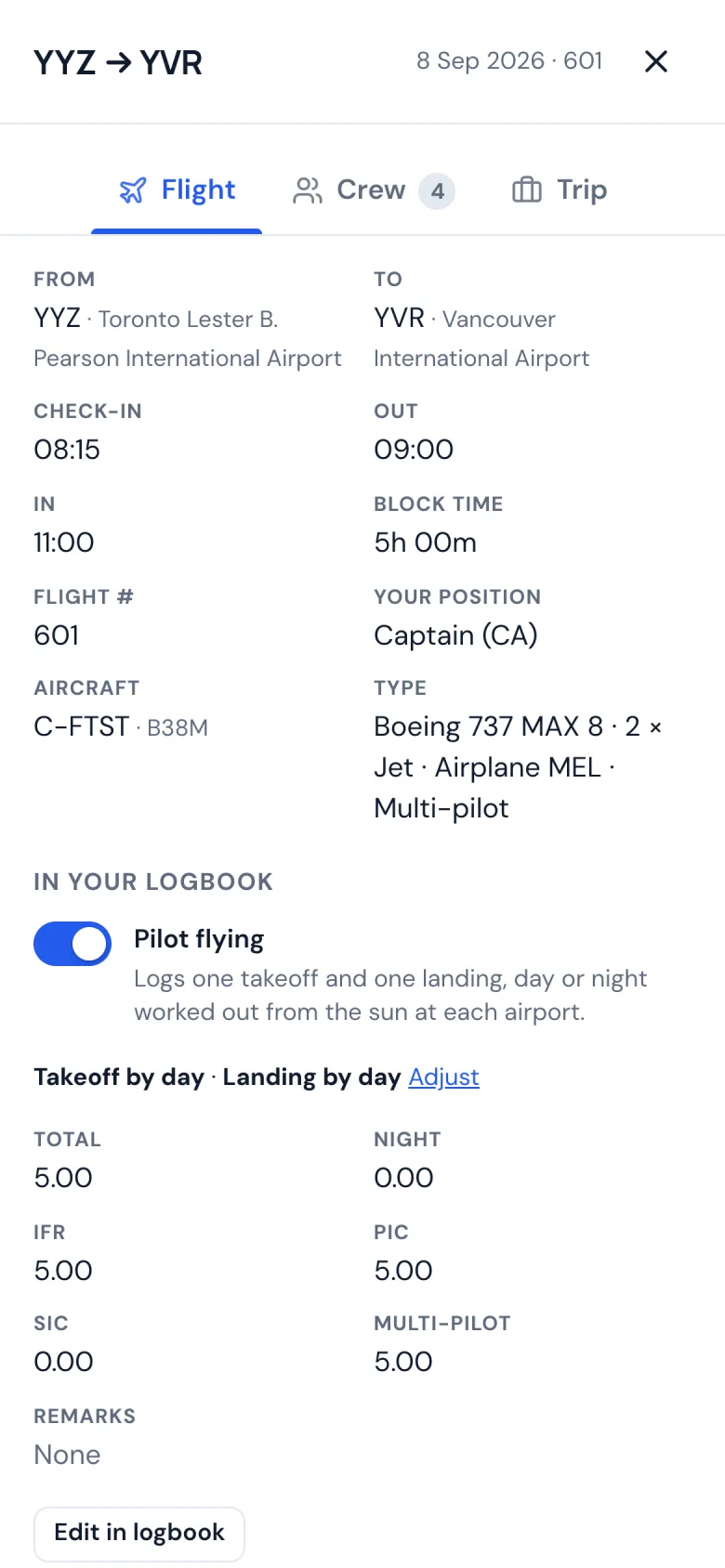 A flight's details on a phone