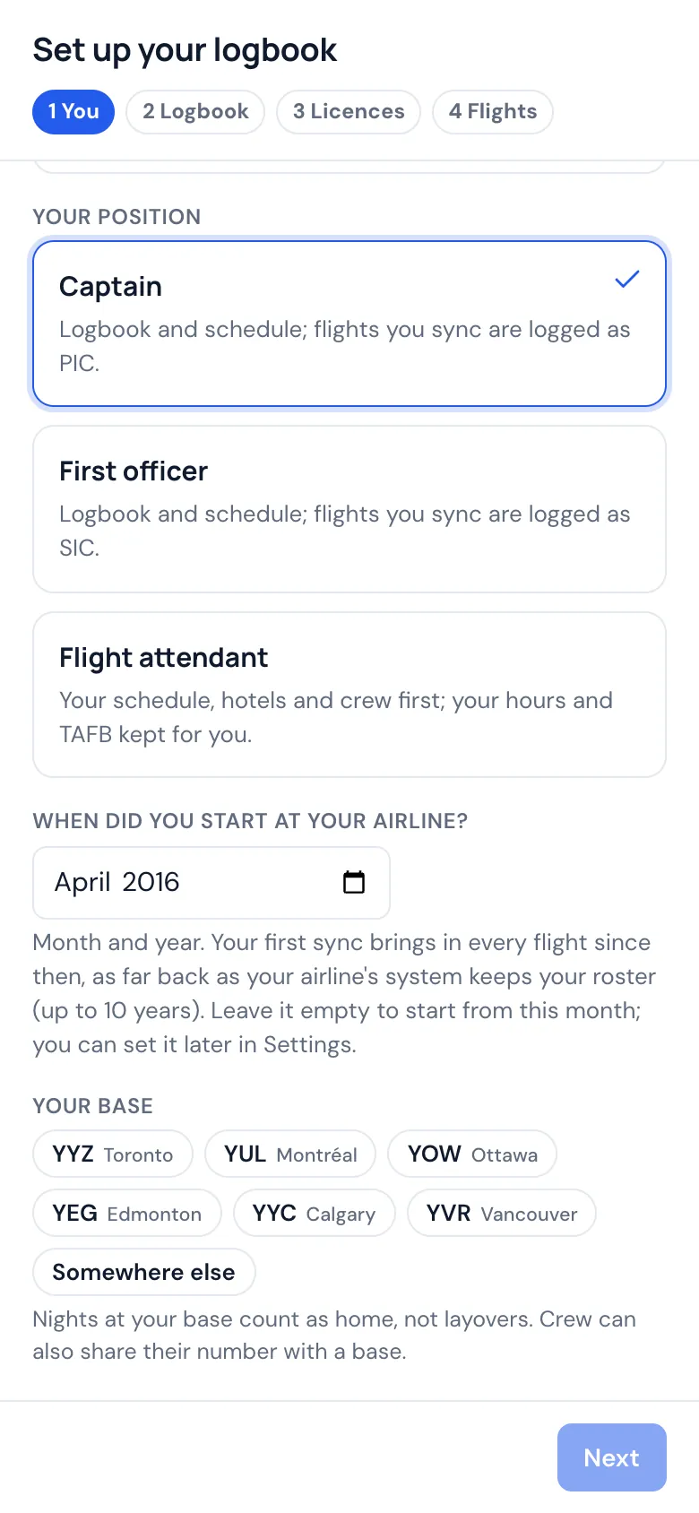 Setting up the logbook on a phone: when you started at your airline, April 2016
