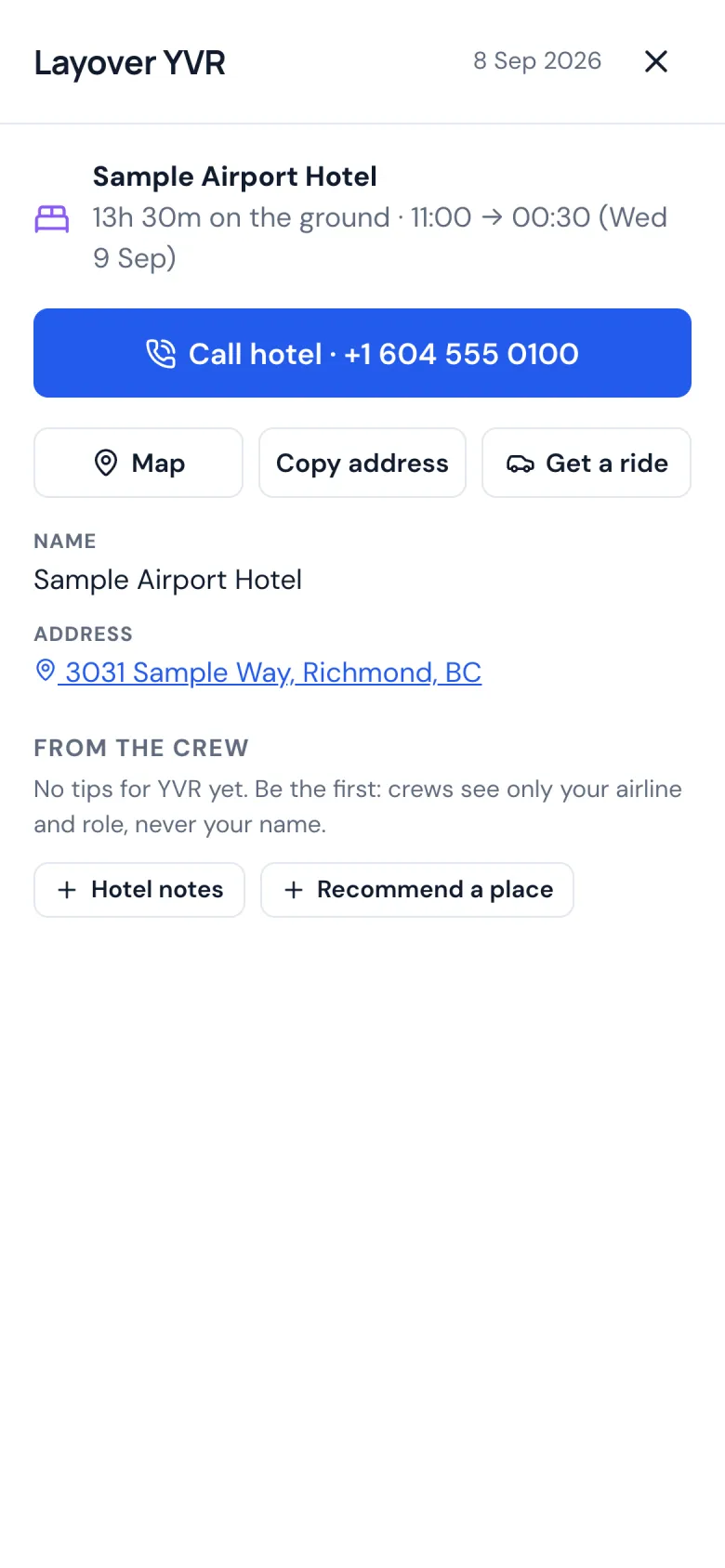 A layover on a phone: the hotel with a Call hotel button, and Map, Copy address and Get a ride buttons