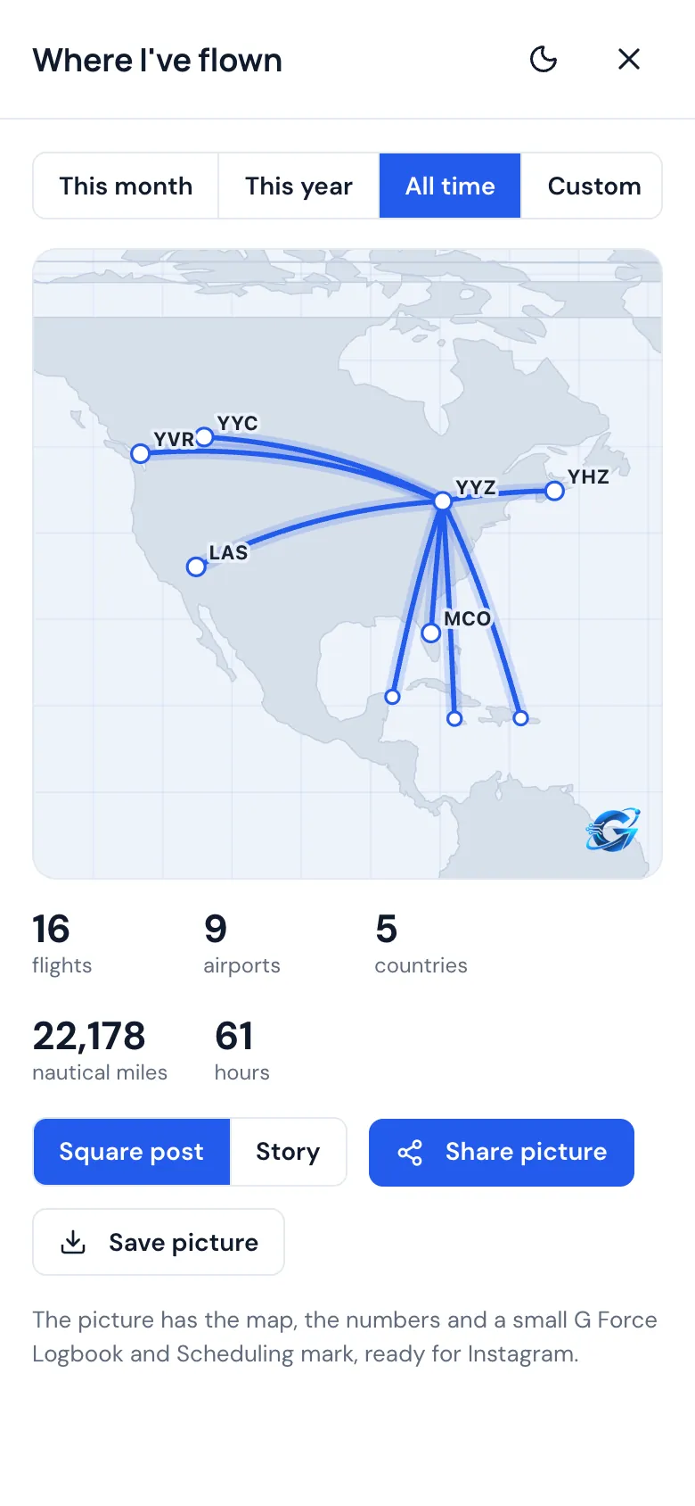 A map on a phone with every airport and route flown, and the totals below
