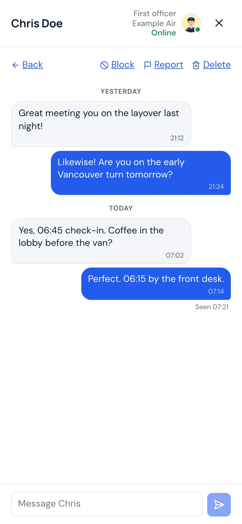 A conversation between two crew members on a phone, with a read receipt and who is online