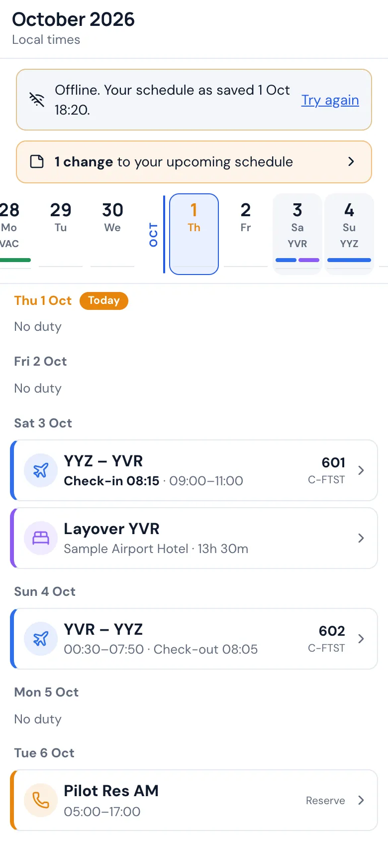 The schedule on a phone with no connection, showing the copy saved on the phone