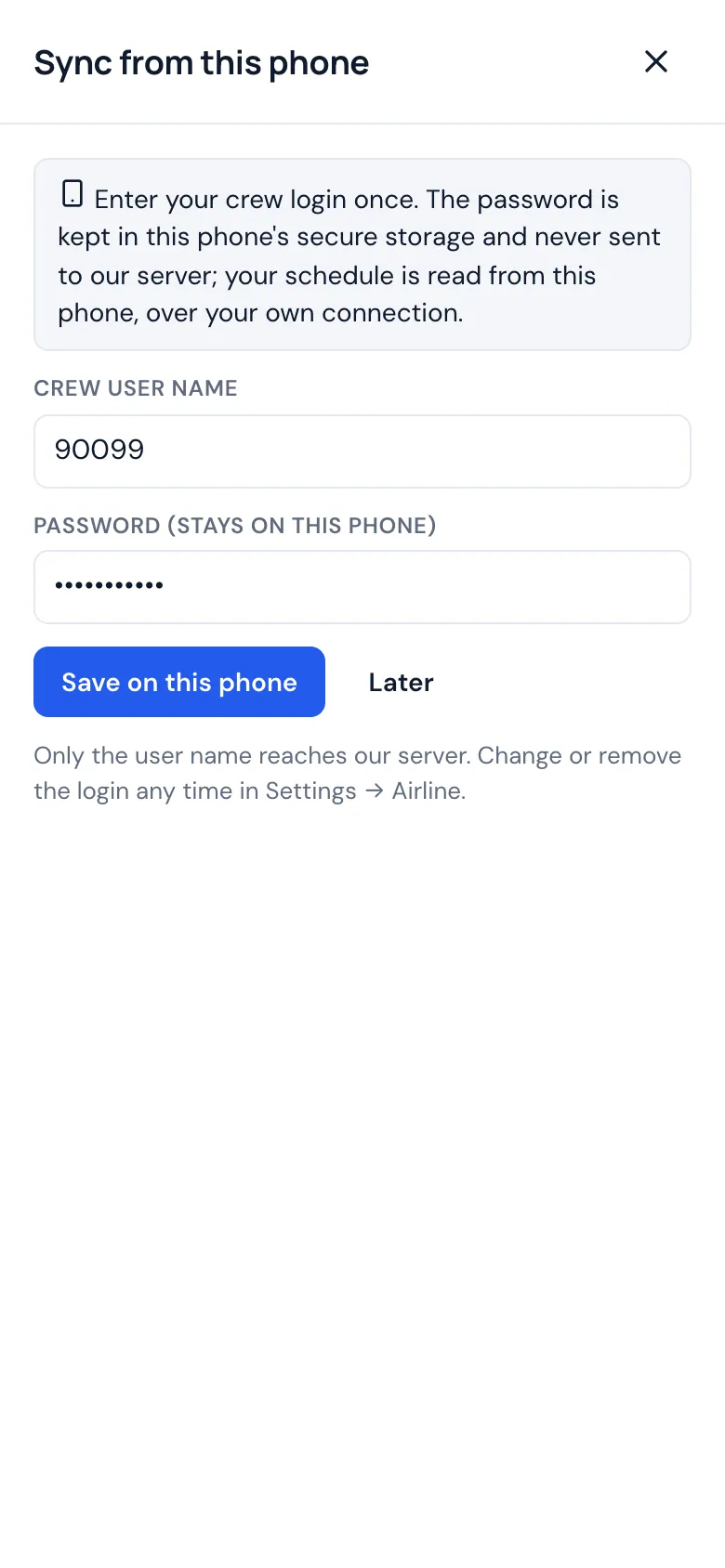 Sync from this phone: the crew login form, with the password kept on the phone
