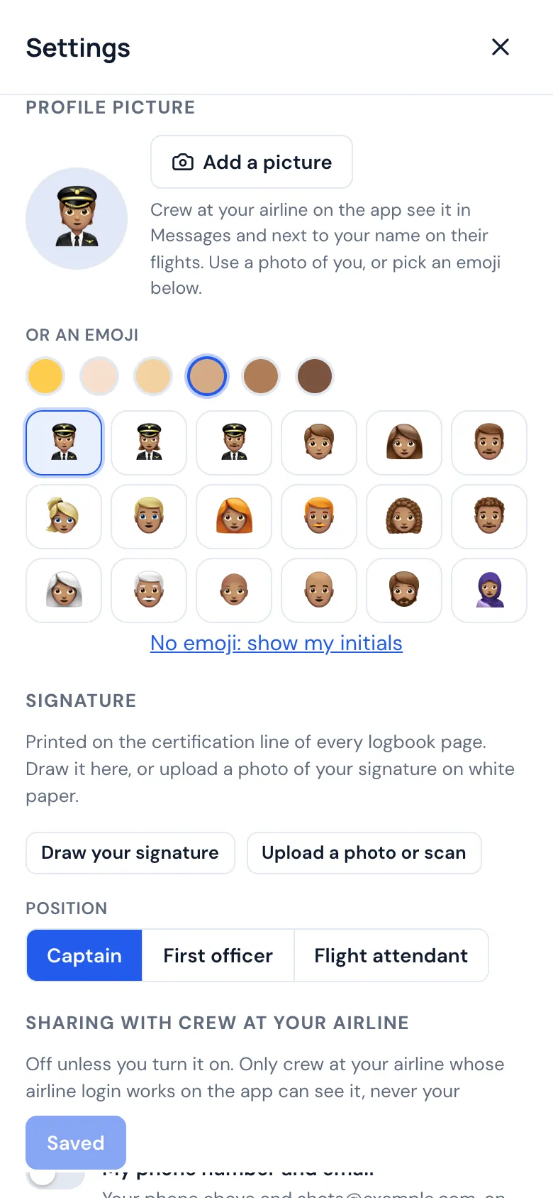 Choosing a profile picture on a phone: add a photo, or pick a people emoji and a skin tone