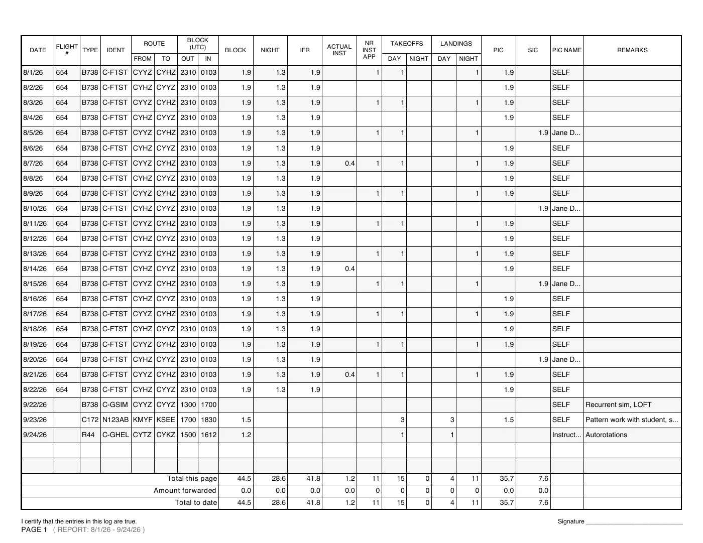 A printed logbook page with flights, times and totals