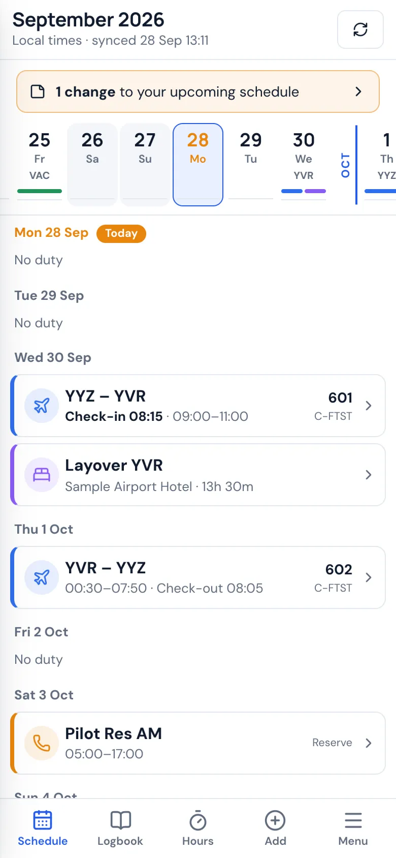 The schedule on a phone: a strip of days and the flights and layover below