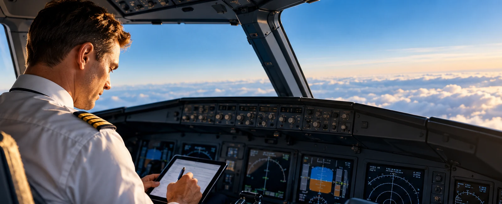 An airline pilot checking a tablet in the cockpit above the clouds