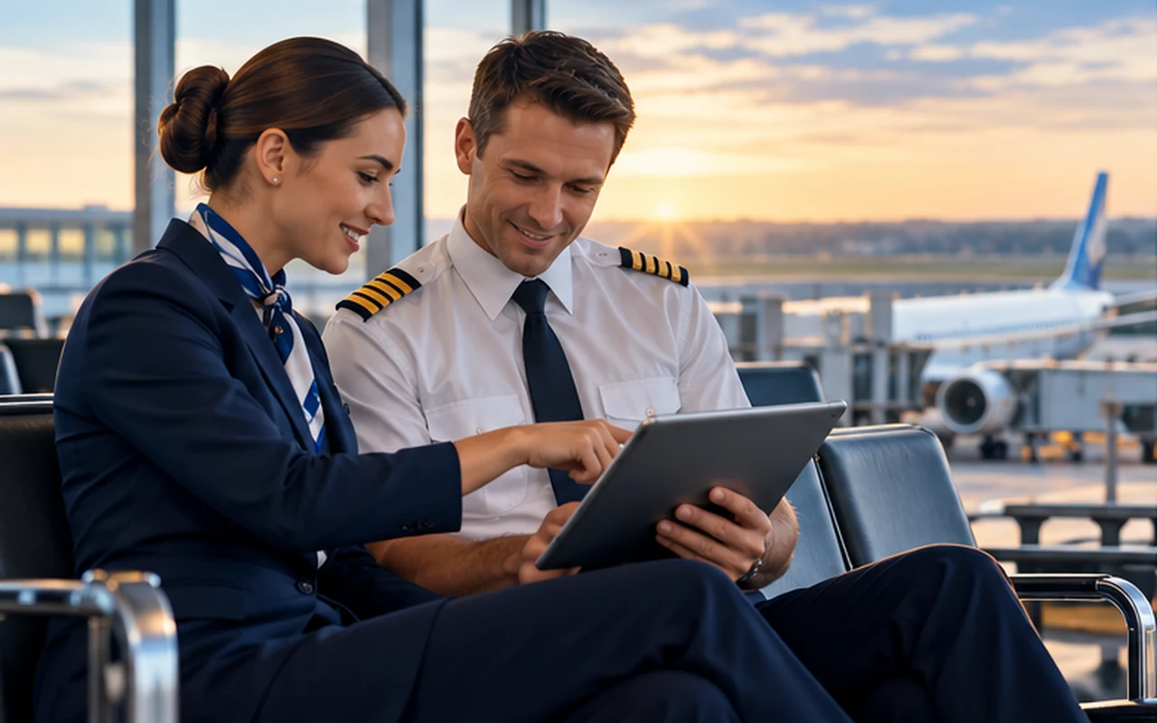 A pilot and a flight attendant looking at a tablet in an airport lounge