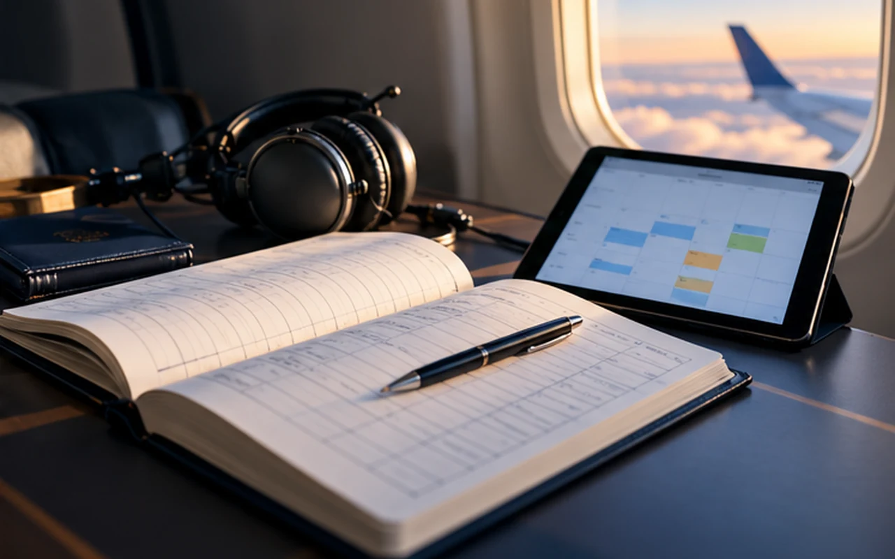 An open paper logbook beside a headset and a tablet showing a calendar