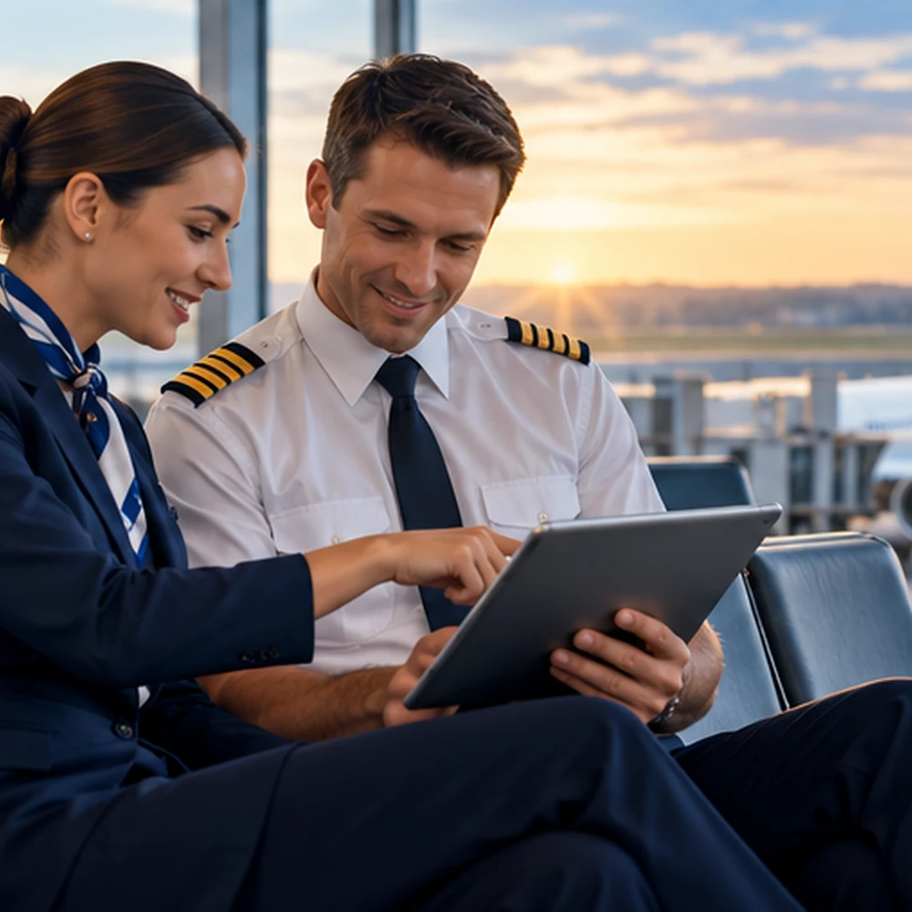 A cabin crew member and a pilot working together over a tablet