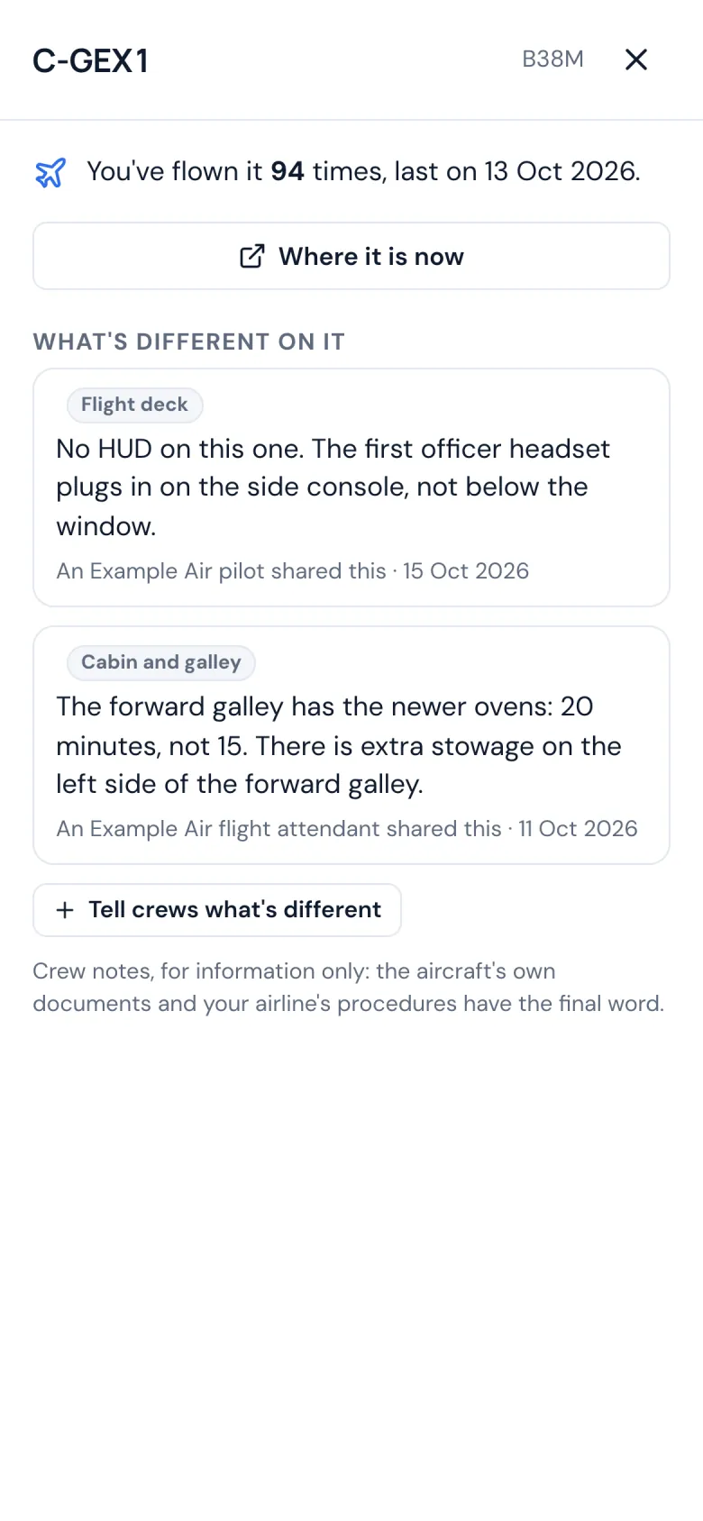 An aircraft's page on a phone: times flown and what is different on it