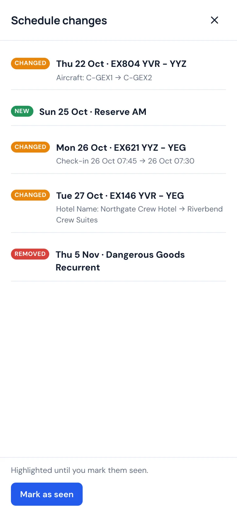 Schedule changes on a phone: a new time, another aircraft, a new hotel, a day added and one taken off