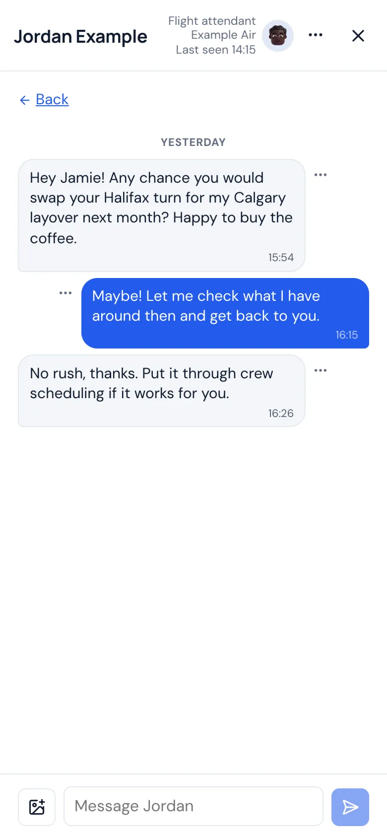 A conversation between two crew members on a phone