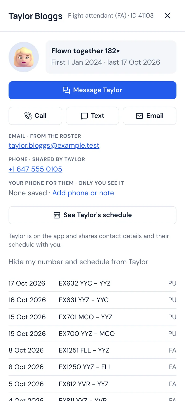 A crew member's card on a phone: flights flown together and buttons to call and message
