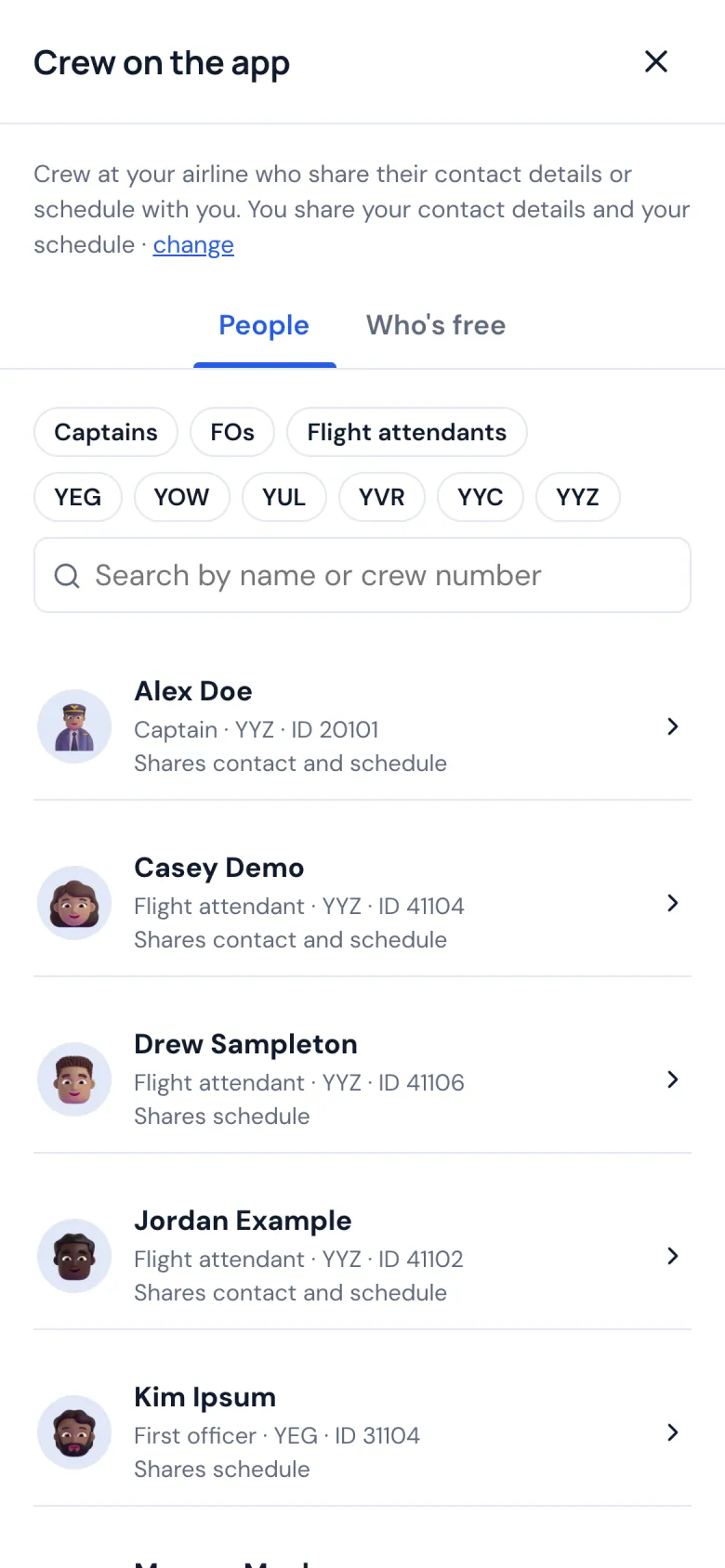 Crew on the app on a phone: colleagues by position
