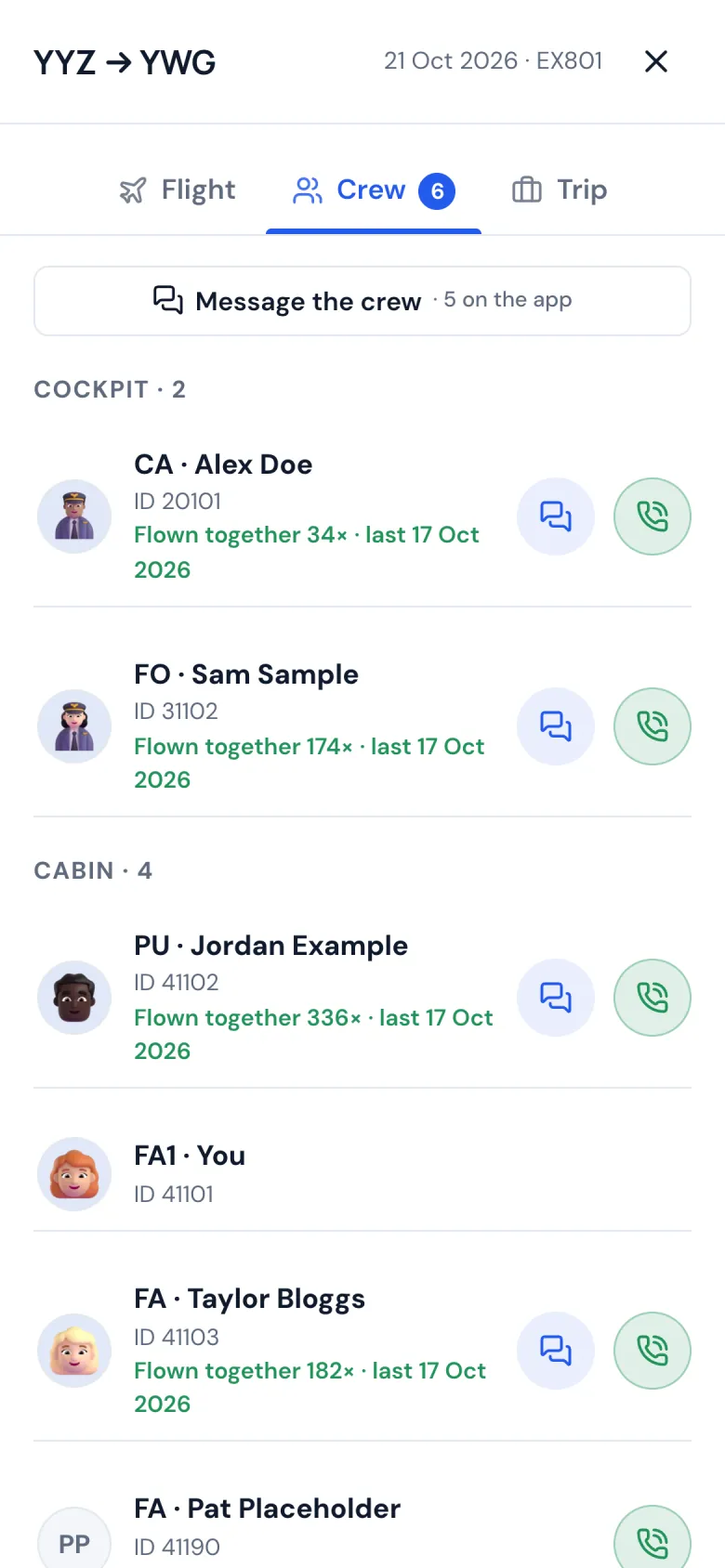 The crew of a flight on a phone, with call and message buttons