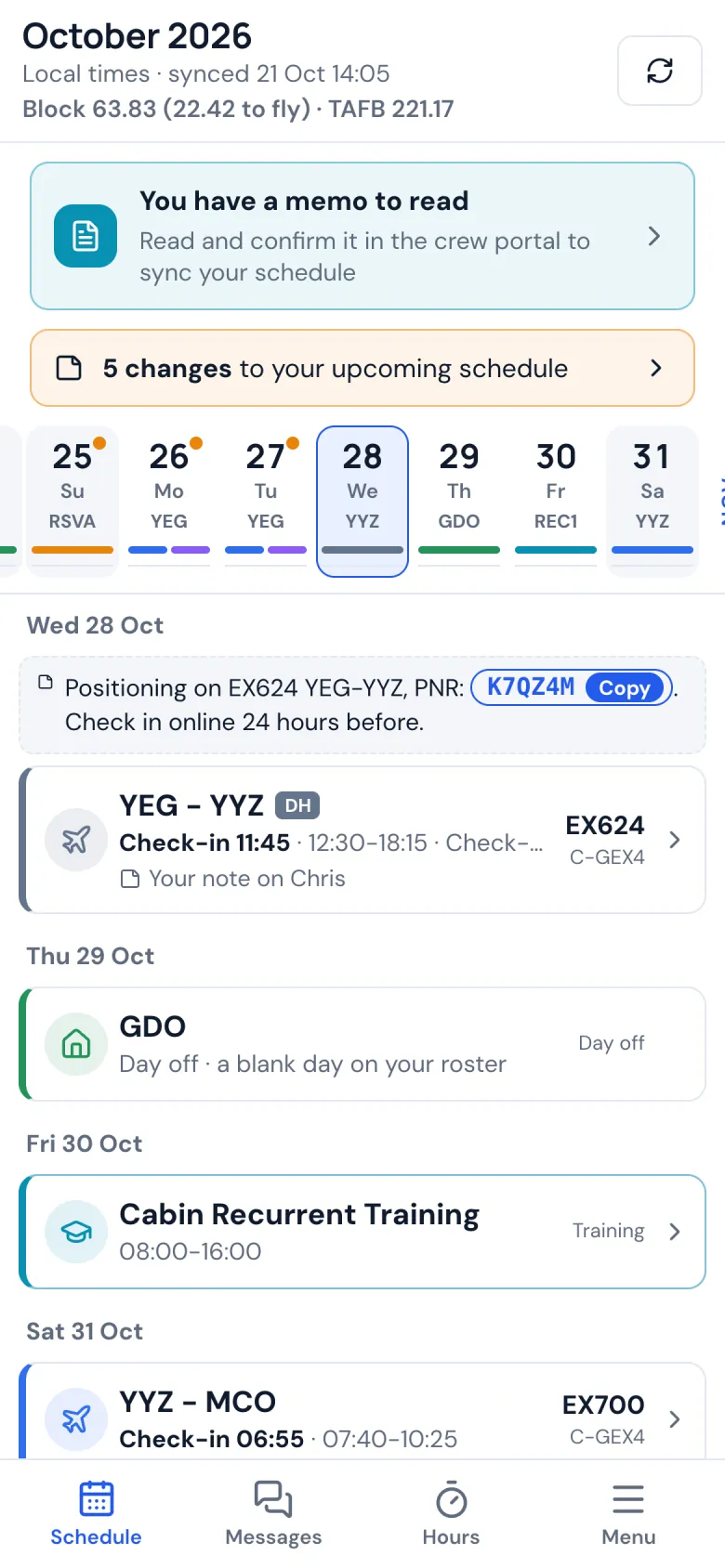 A positioning flight on the schedule on a phone, with its booking reference