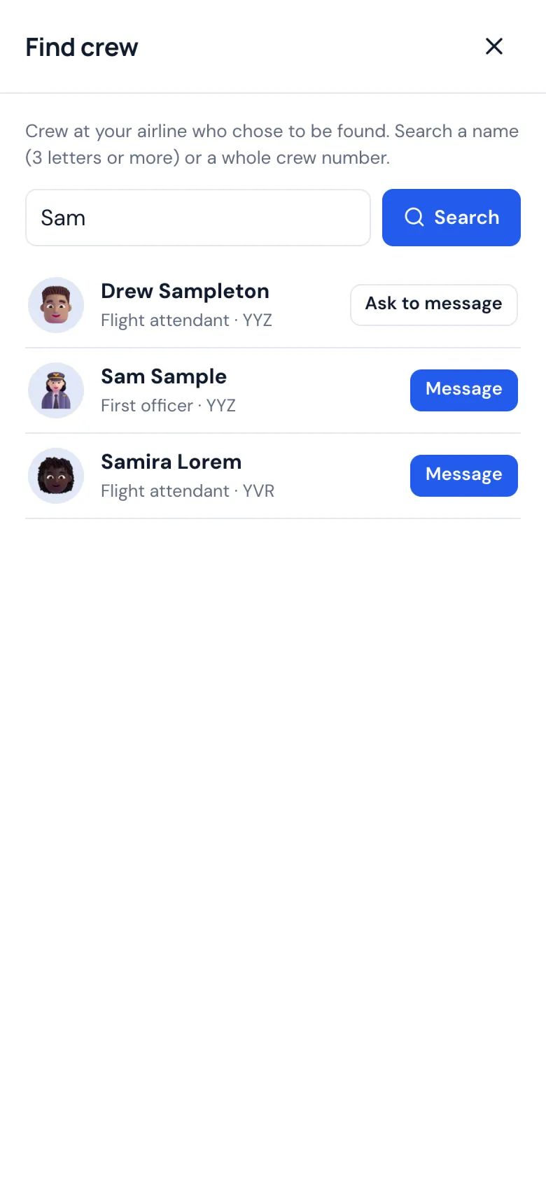 Find crew on a phone: a search by name and the crew members found