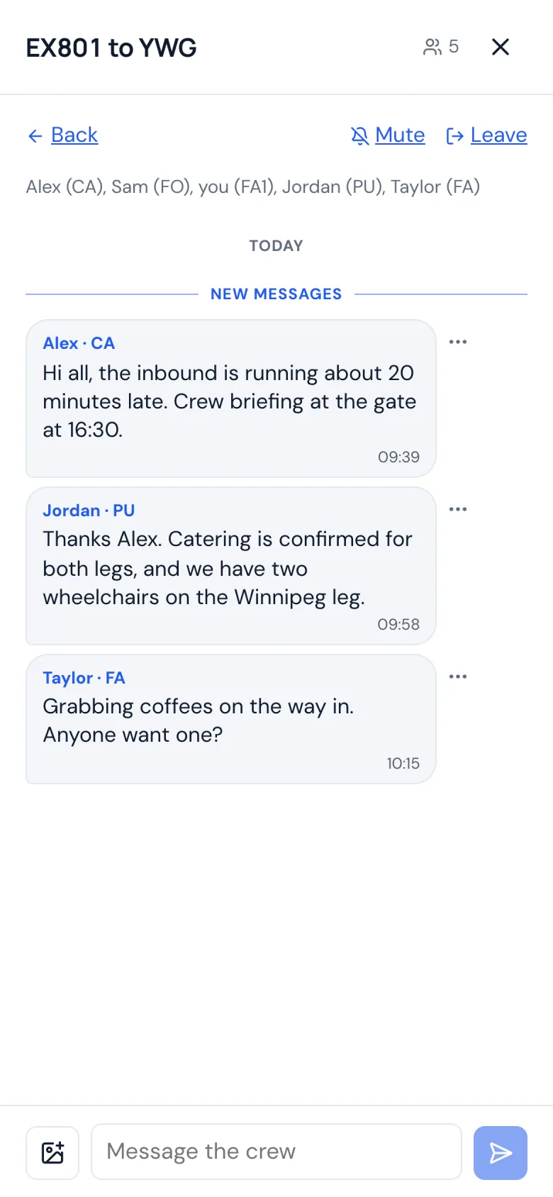 A flight's group chat on a phone, with messages from the crew