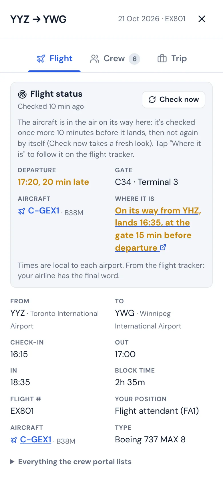 A flight on a phone: its status, a 20 minute delay, the gate and the aircraft