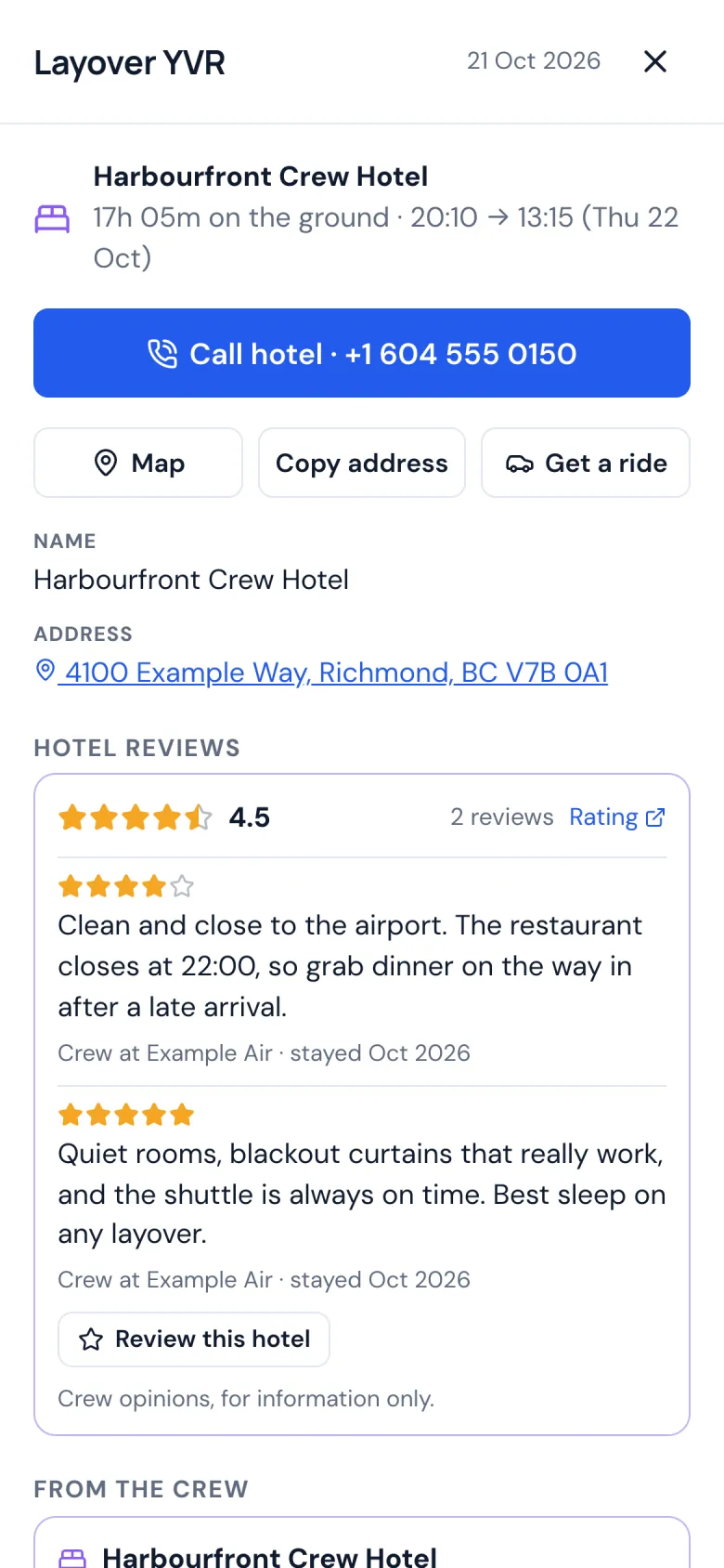 A layover on a phone: the hotel with call, map and ride buttons, and crew reviews