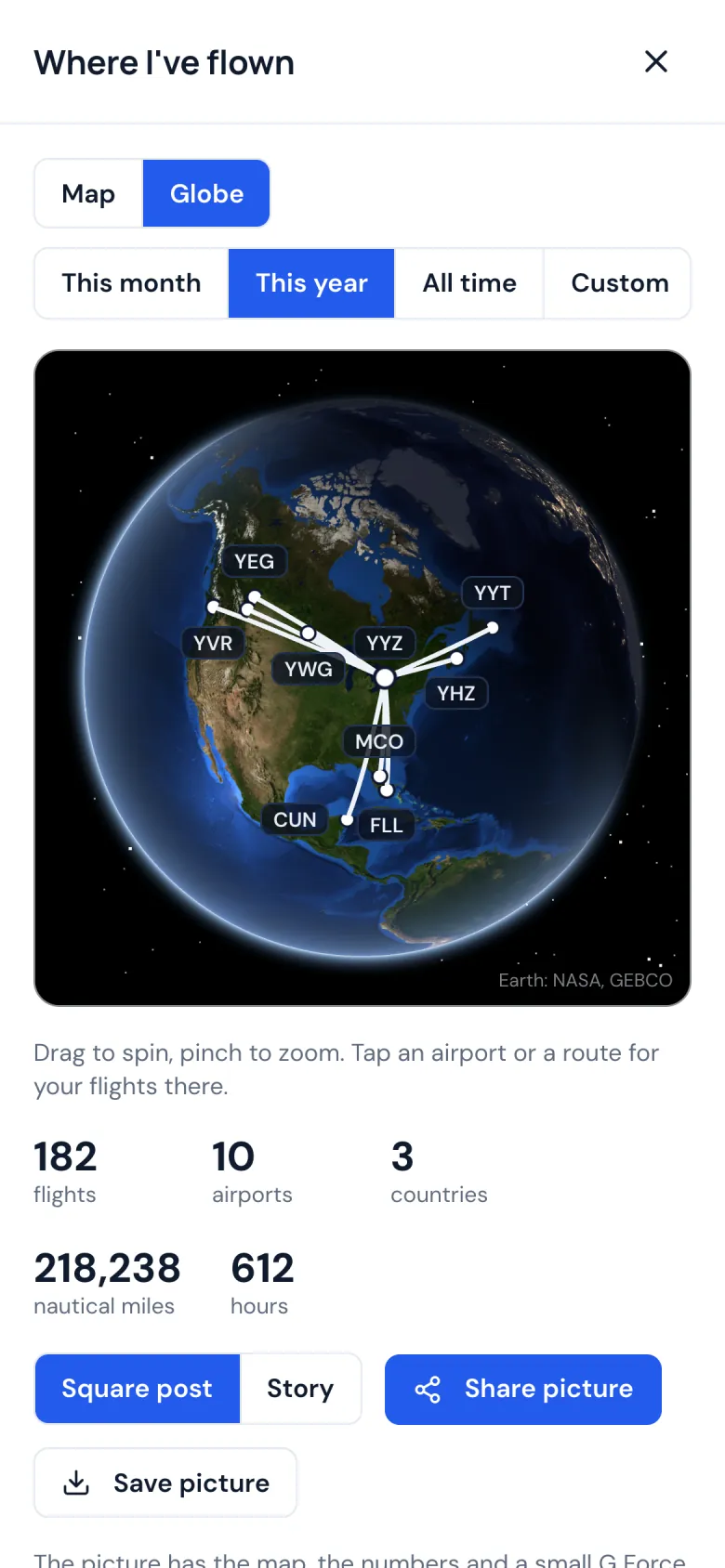 A globe on a phone with the airports and routes flown over North America, and the totals below