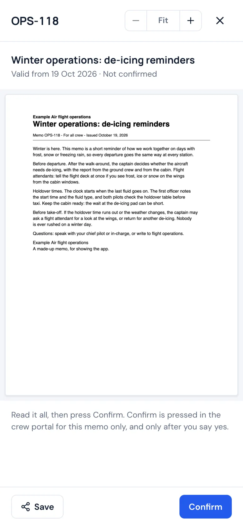 A memo from the airline open on a phone, with the button to confirm it