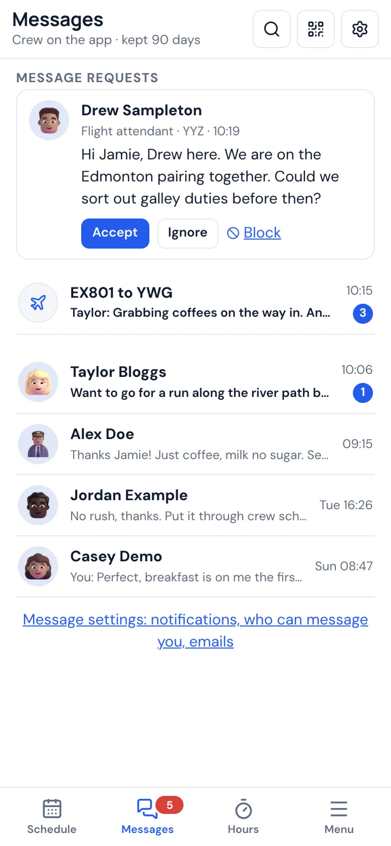 Messages on a phone: conversations with crew and a message request