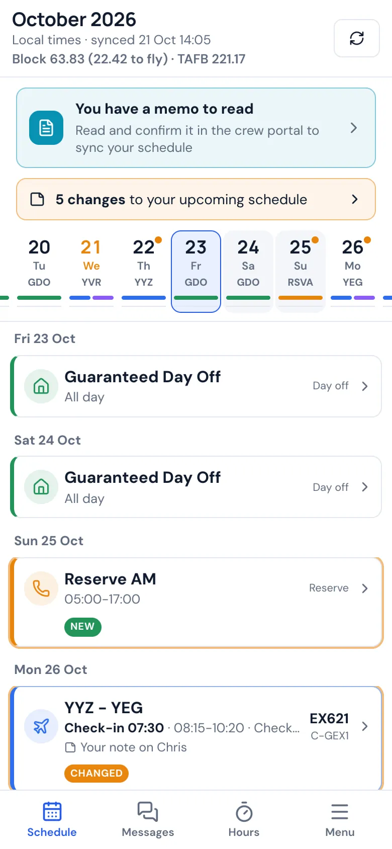 The schedule further down the month, with reserve, training and days off