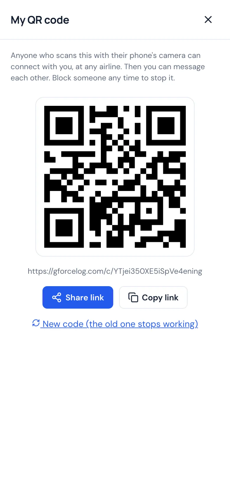 My QR code on a phone, with buttons to share or copy the link