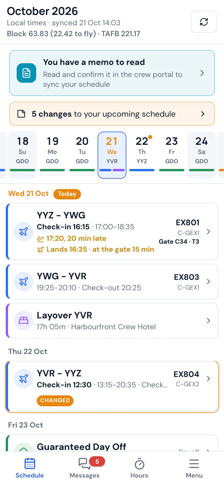 The schedule on a phone: today's flights with check-in, check-out and the layover hotel