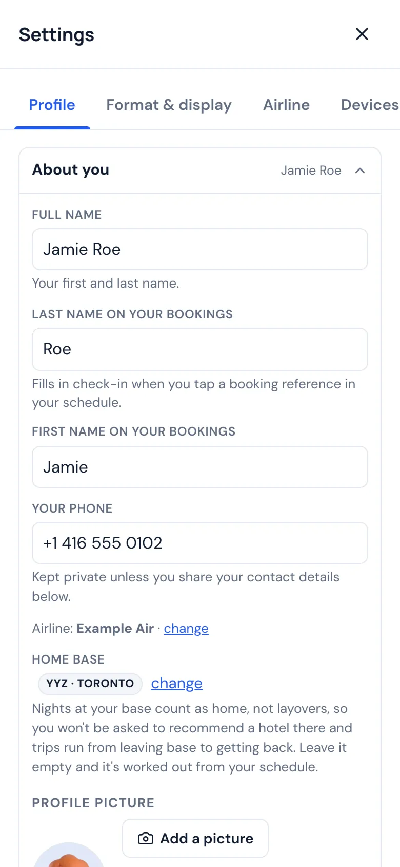 Settings on a phone: your name, phone number and home base
