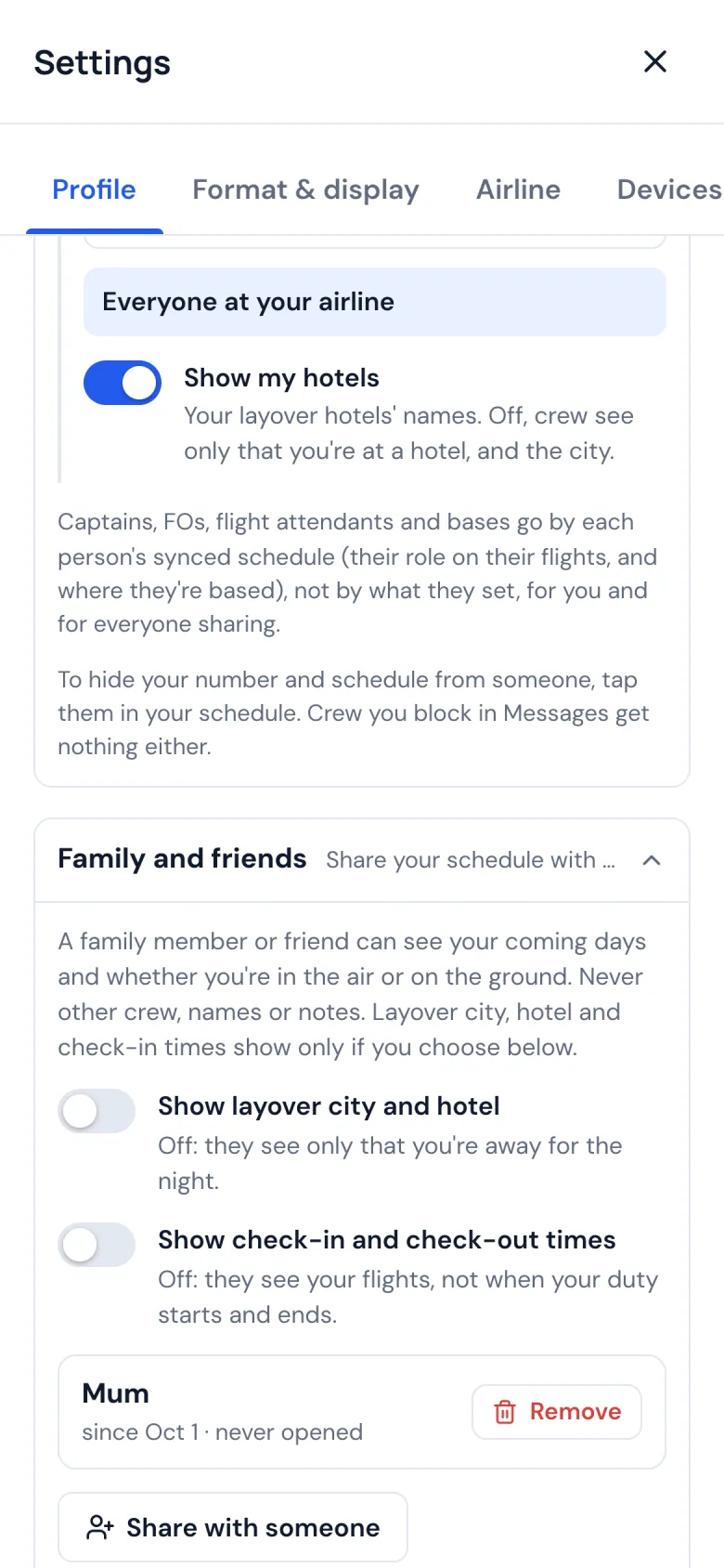 Profile settings on a phone: who sees your number and your schedule