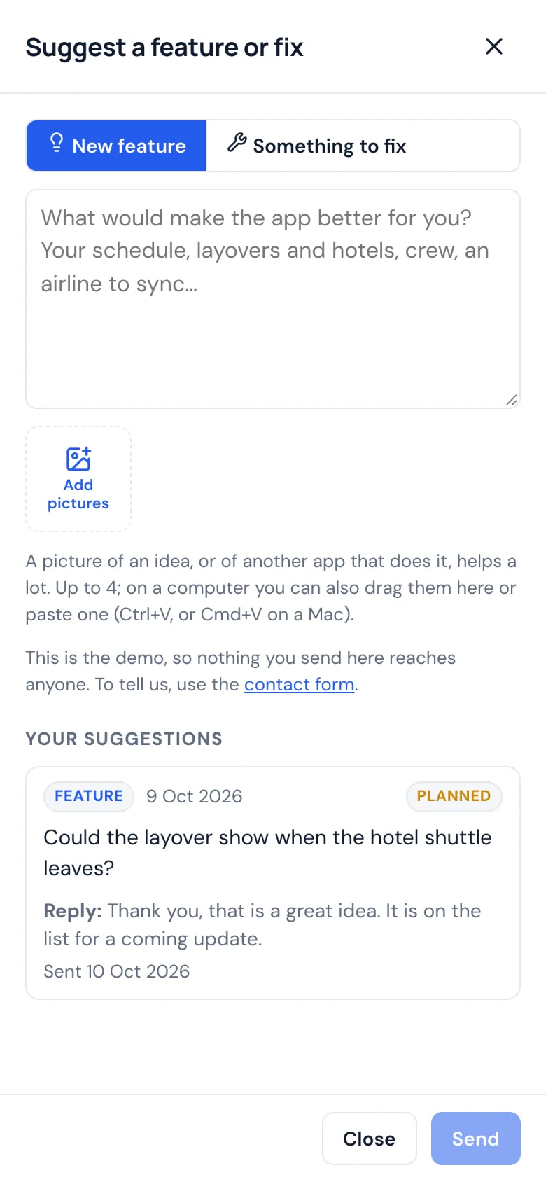 Suggest a feature or fix on a phone: a form to write it