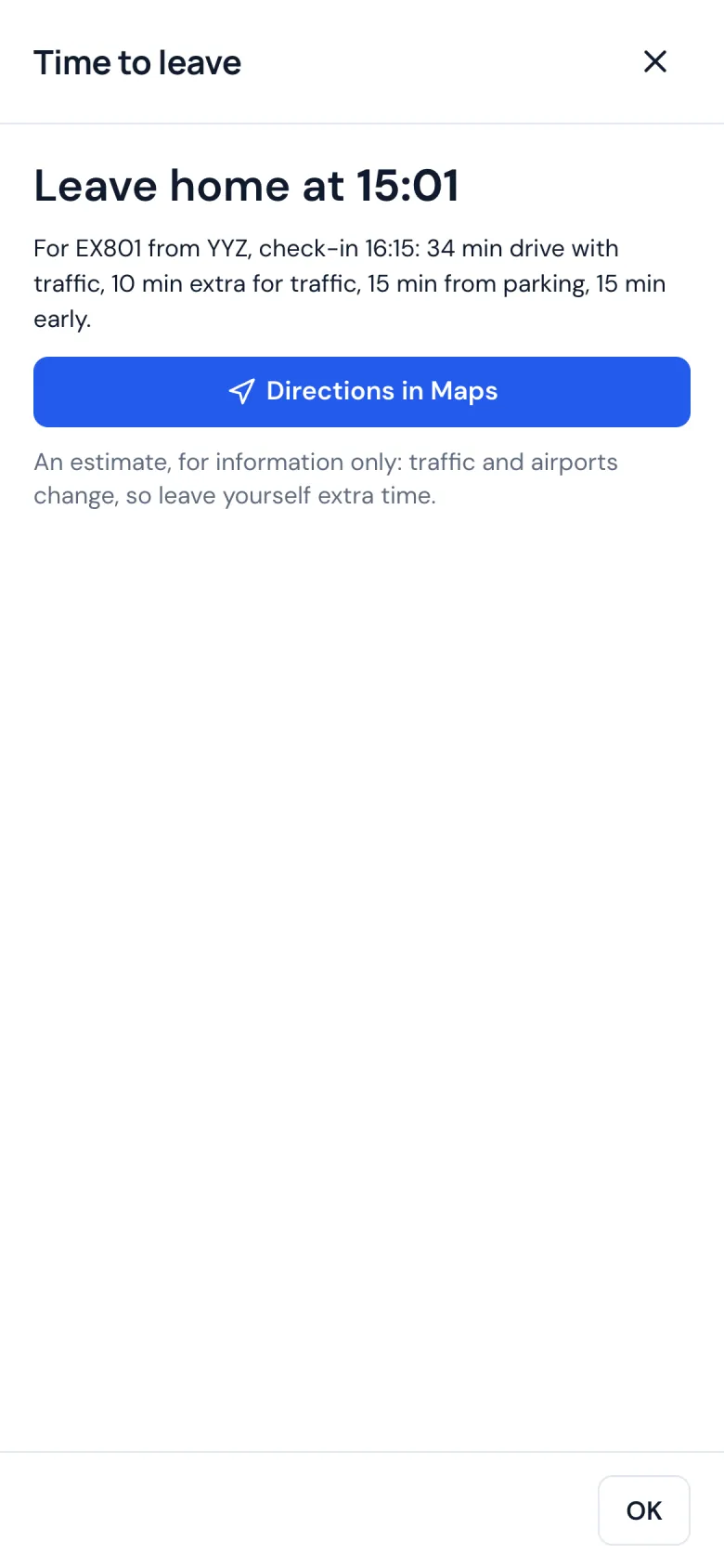 Time to leave on a phone: when to leave for check-in and the drive time