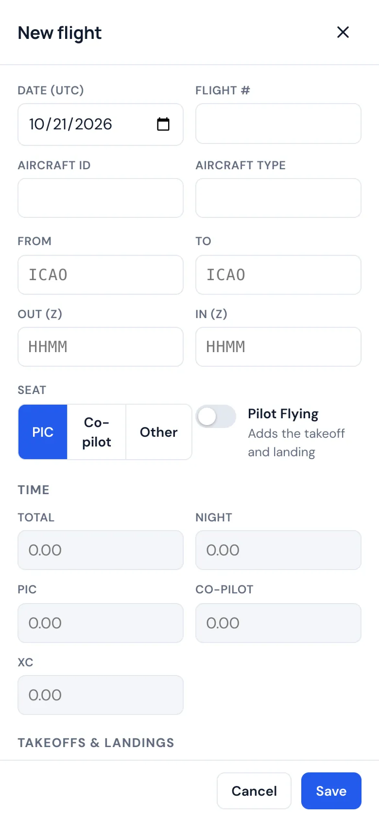 Adding a flight by hand on a phone