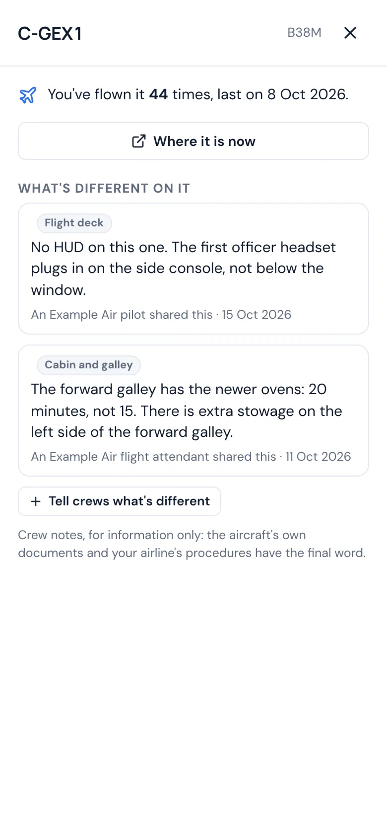 An aircraft's page on a phone: times flown and what is different on it