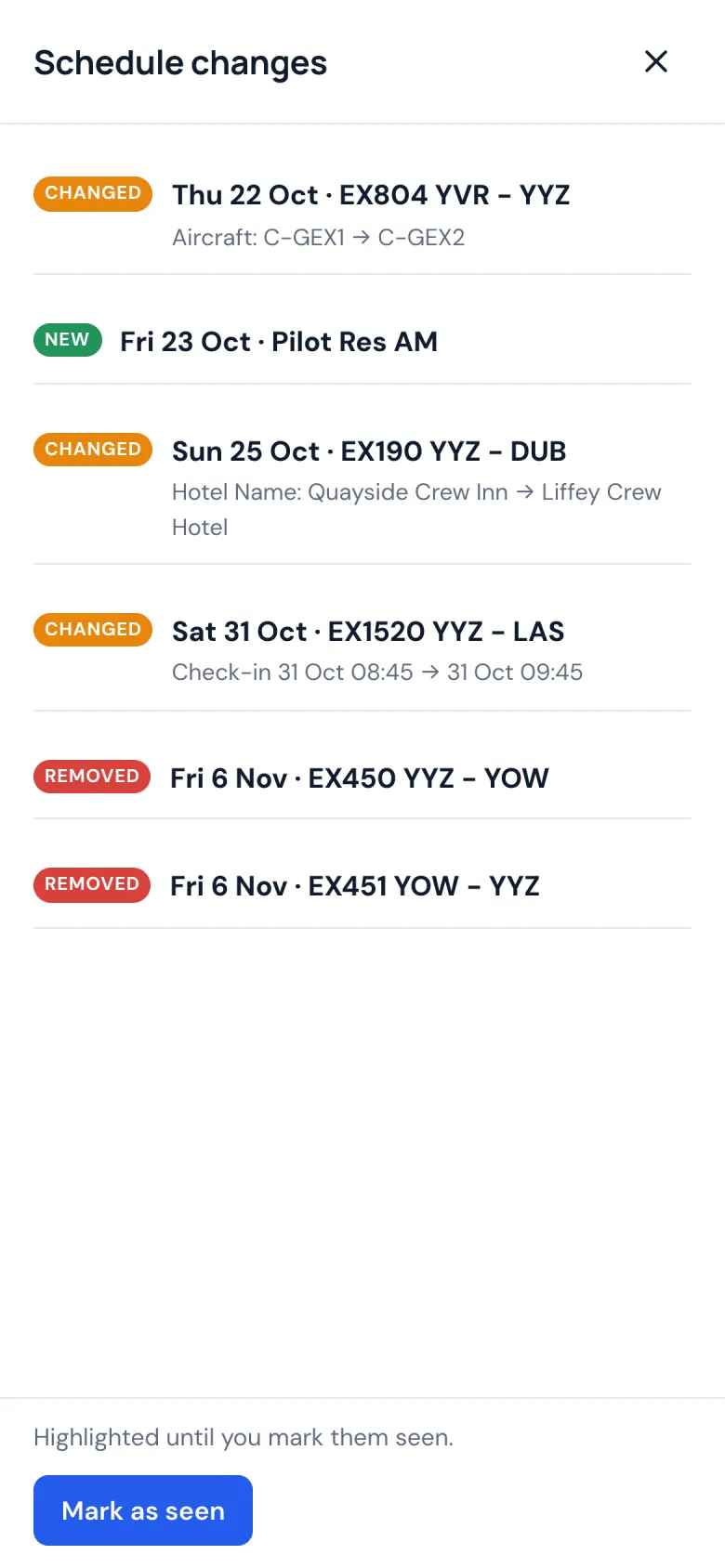 Schedule changes on a phone: a new time, another aircraft, a new hotel, a day added and one taken off