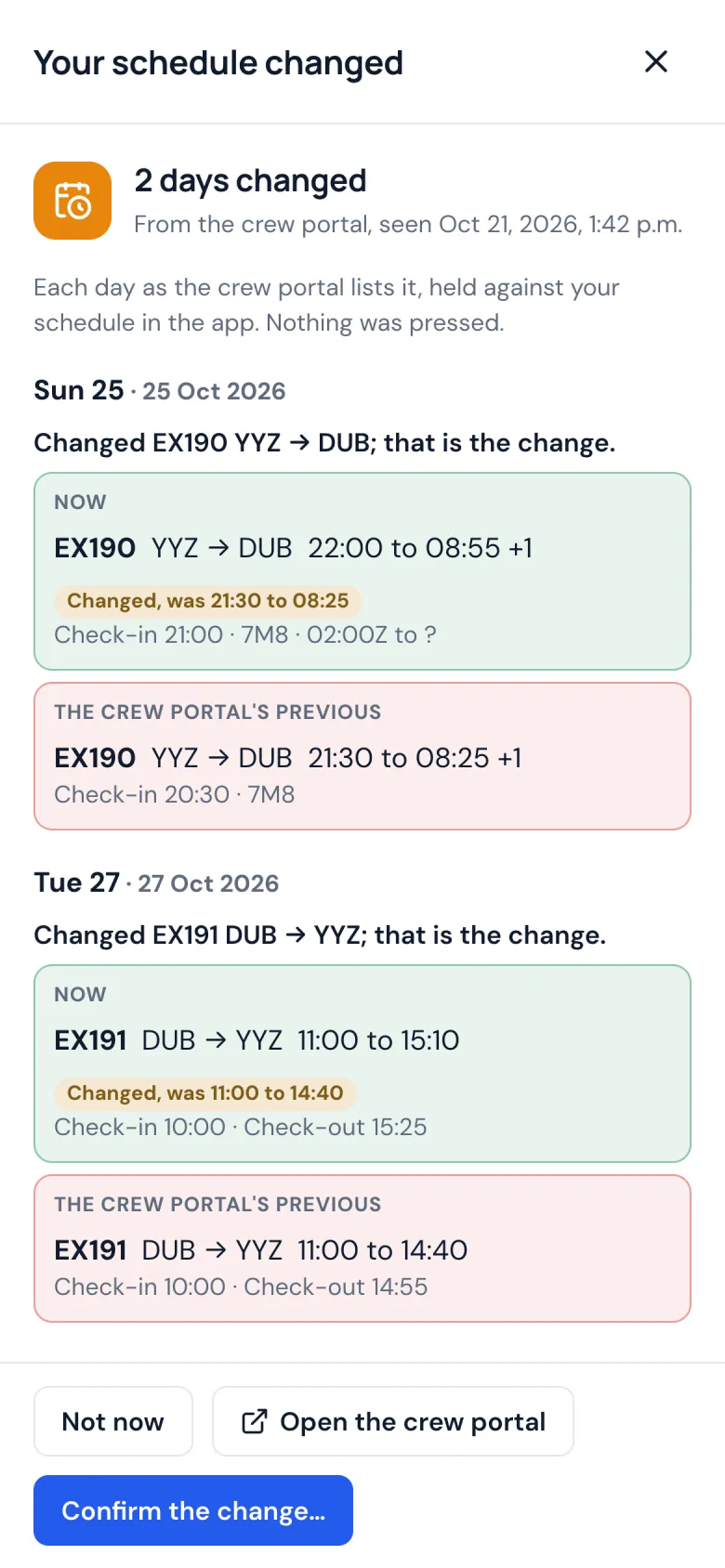 A schedule change waiting on a phone, with the button to confirm it