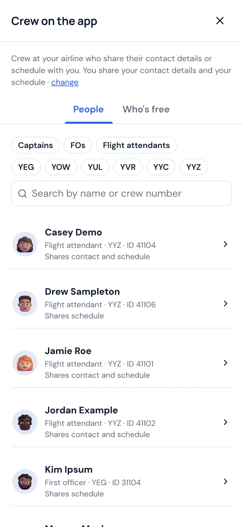 Crew on the app on a phone: colleagues by position