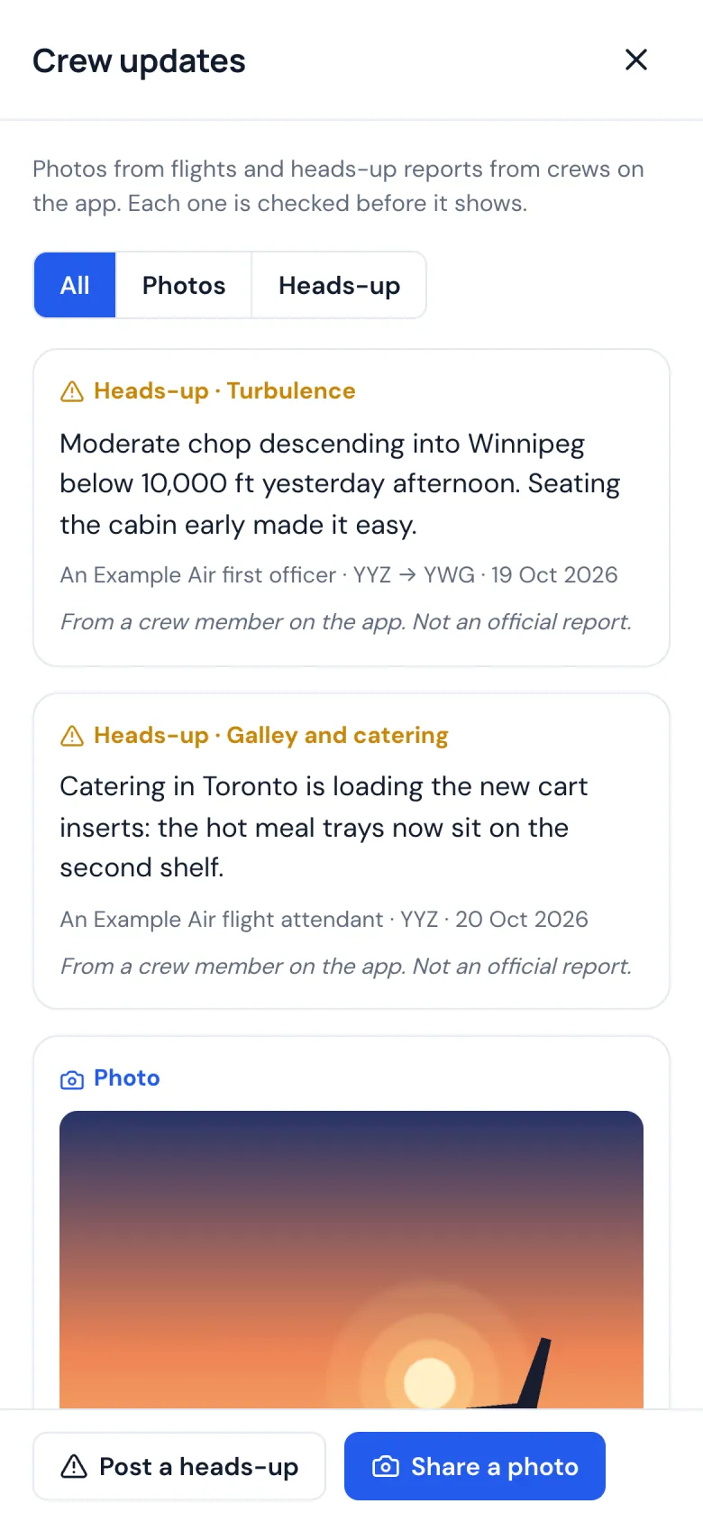 Crew updates on a phone: a heads-up about the weather and a photo