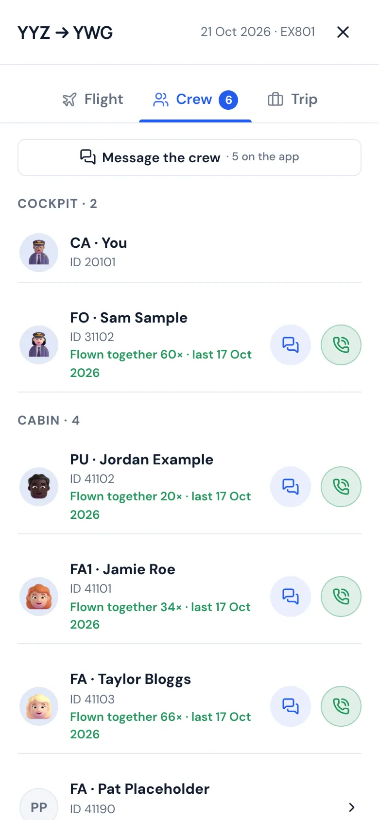 The crew of a flight on a phone, with call and message buttons