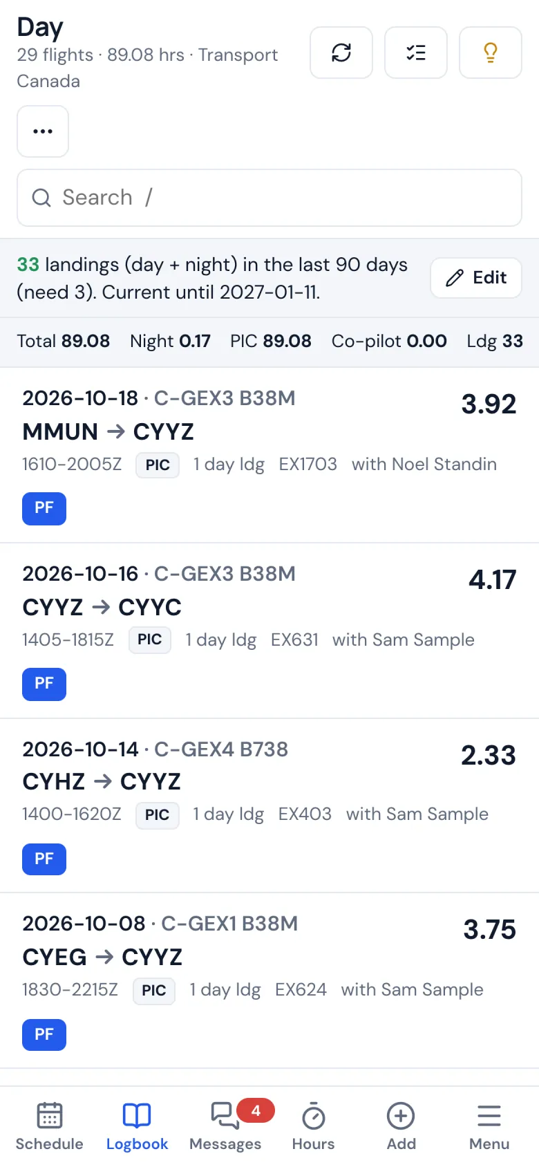 Currency on a phone: day and night takeoffs and landings in the last 90 days