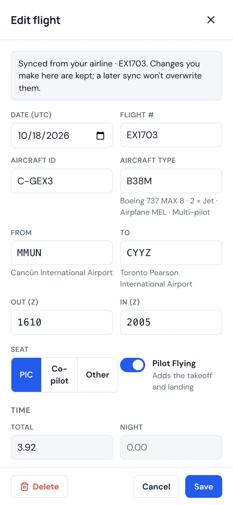 A logbook flight open for editing on a phone
