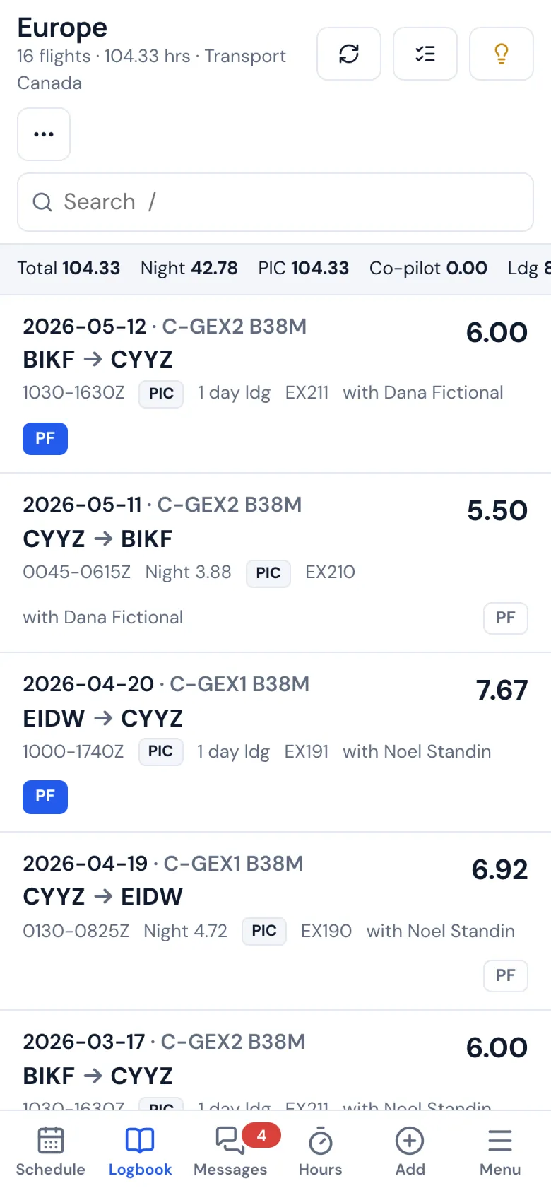 The logbook on a phone filtered to flights in Europe, with the hours