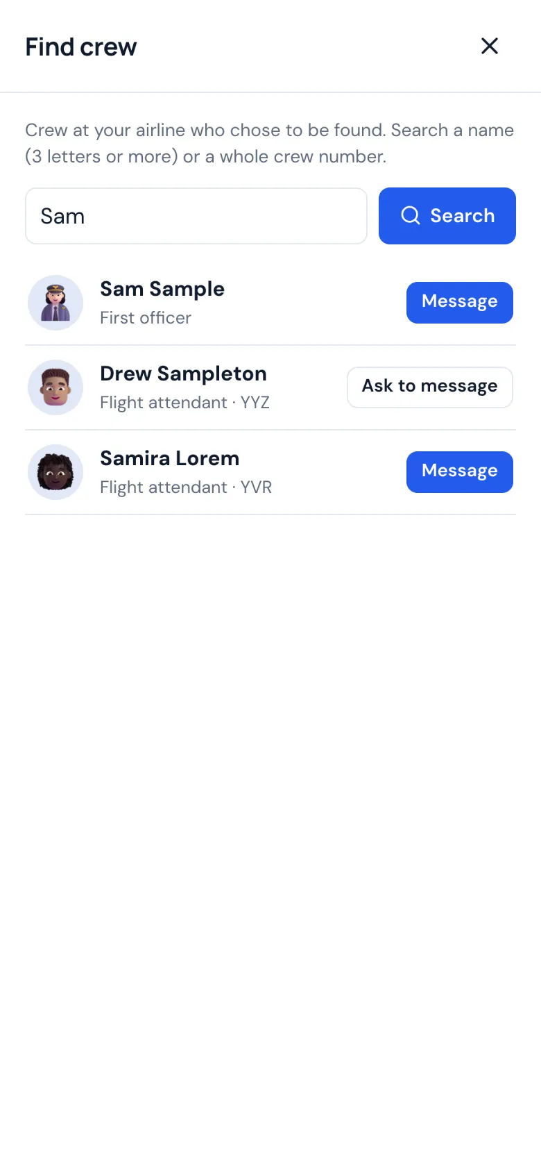 Find crew on a phone: a search by name and the crew members found
