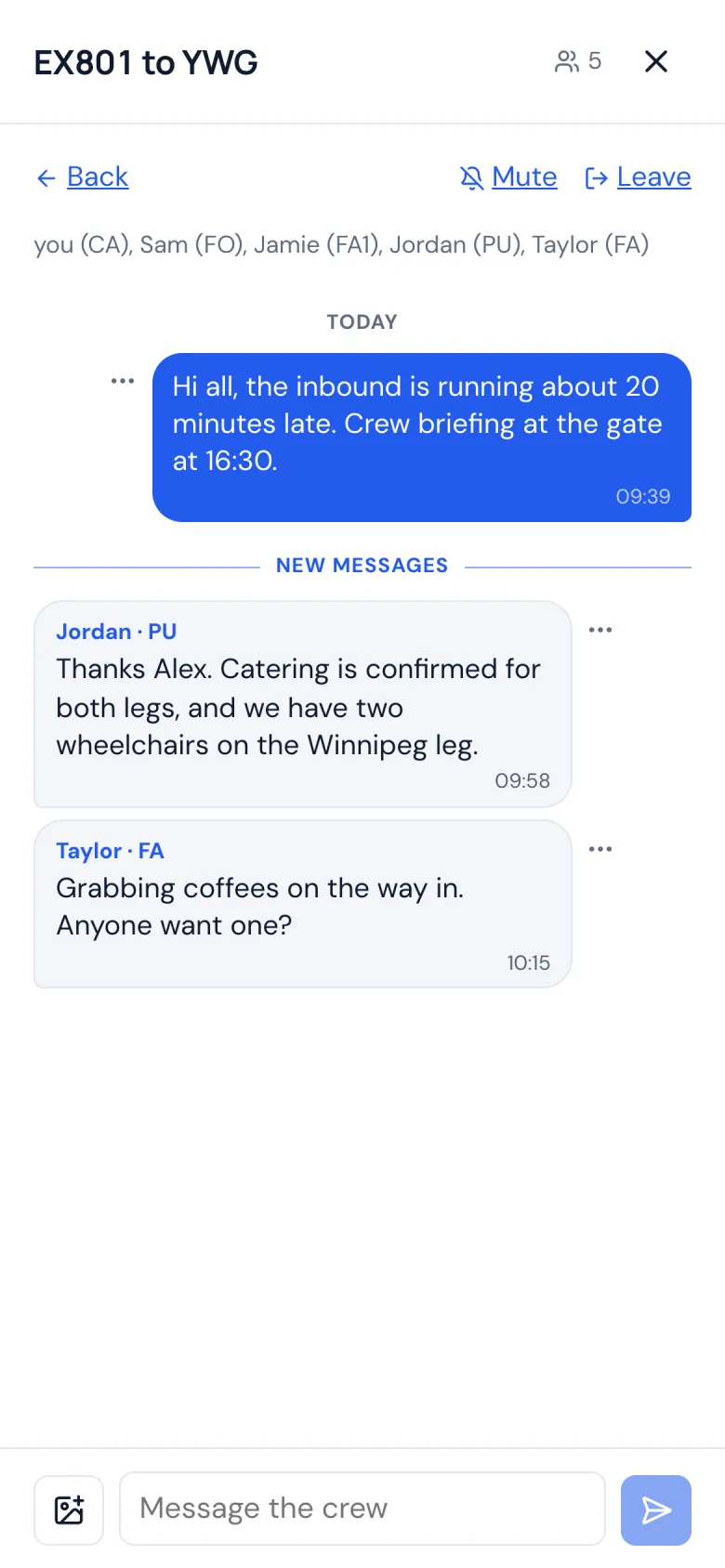 A flight's group chat on a phone, with messages from the crew